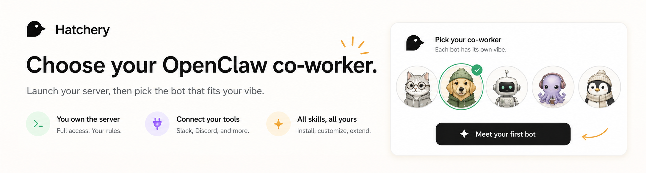 Hatchery — Choose your OpenClaw co-worker. Launch your server, then pick the bot that fits your vibe.