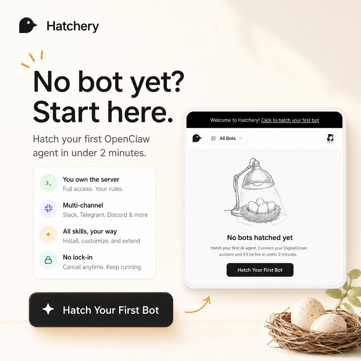 Hatchery — No bot yet? Start here. Hatch your first OpenClaw agent in under 2 minutes.